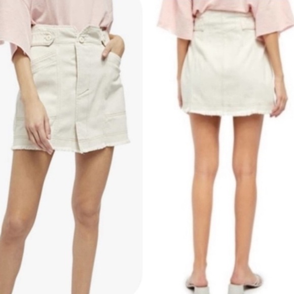 Free People Alpha Utility Willow Cream Raw Hem Button Front Mini Skirt Size 2 V1 - Picture 1 of 8